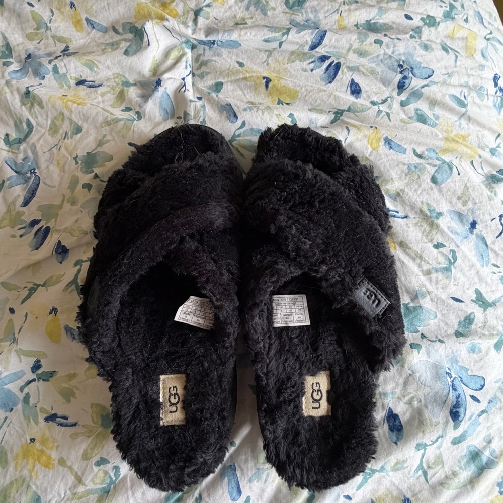UGG Black Fuzz Sugar Cross Slides